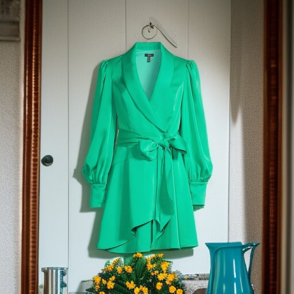 Liv Foster Satin Belted Wrap Dress in Flora Green NWT Size 6